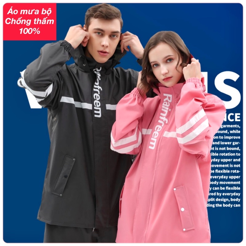 Áo mưa bộ người lớn chống thấm 98% 40-120kg vải dù 2 lớp dày dặn có phản quang bộ áo mưa đi tour đi phượt mũ liền, TQ01