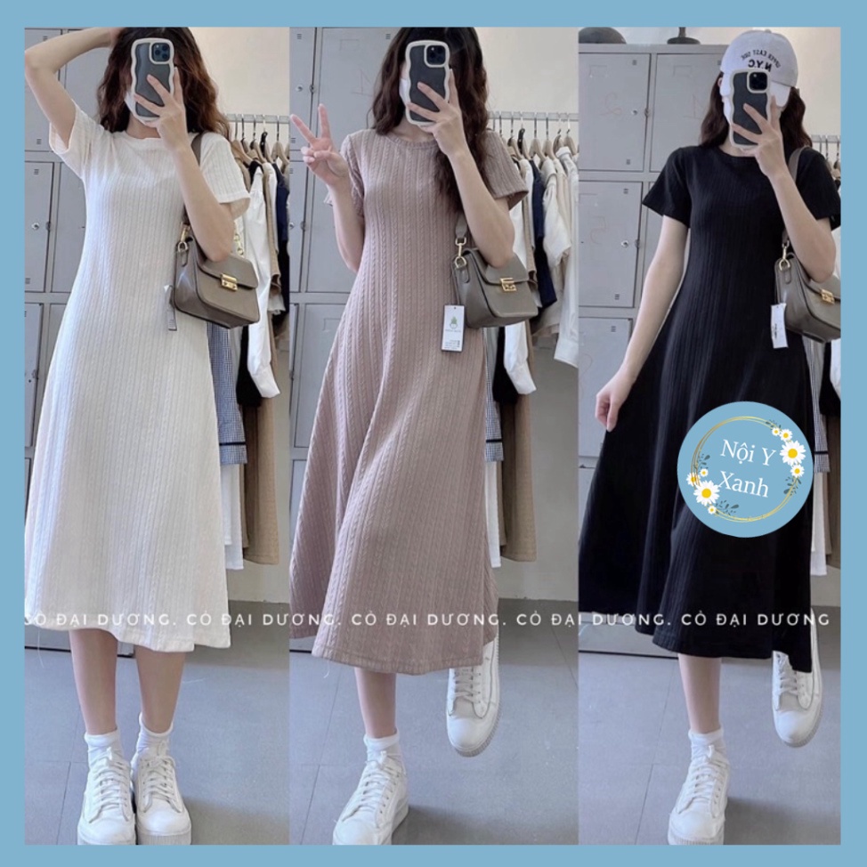 [Ảnh thật] Đầm Midi Xương Cá Co Dãn Bốn Chiều Cổ Tròn Kiểu Dáng Basic nội y xanh -  babdydoll dáng dài