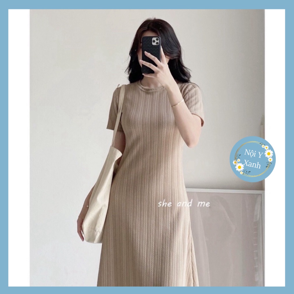 [Ảnh thật] Đầm Midi Xương Cá Co Dãn Bốn Chiều Cổ Tròn Kiểu Dáng Basic nội y xanh -  babdydoll dáng dài