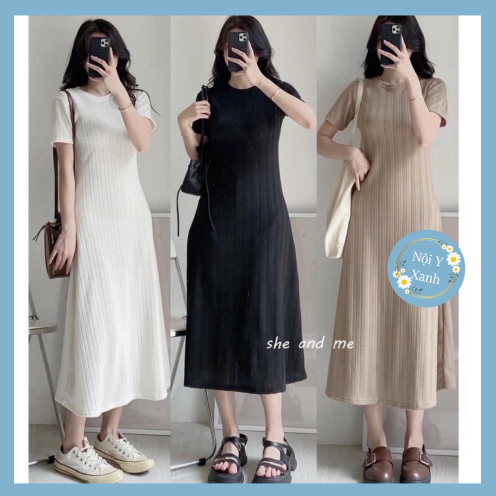 [Ảnh thật] Đầm Midi Xương Cá Co Dãn Bốn Chiều Cổ Tròn Kiểu Dáng Basic nội y xanh -  babdydoll dáng dài