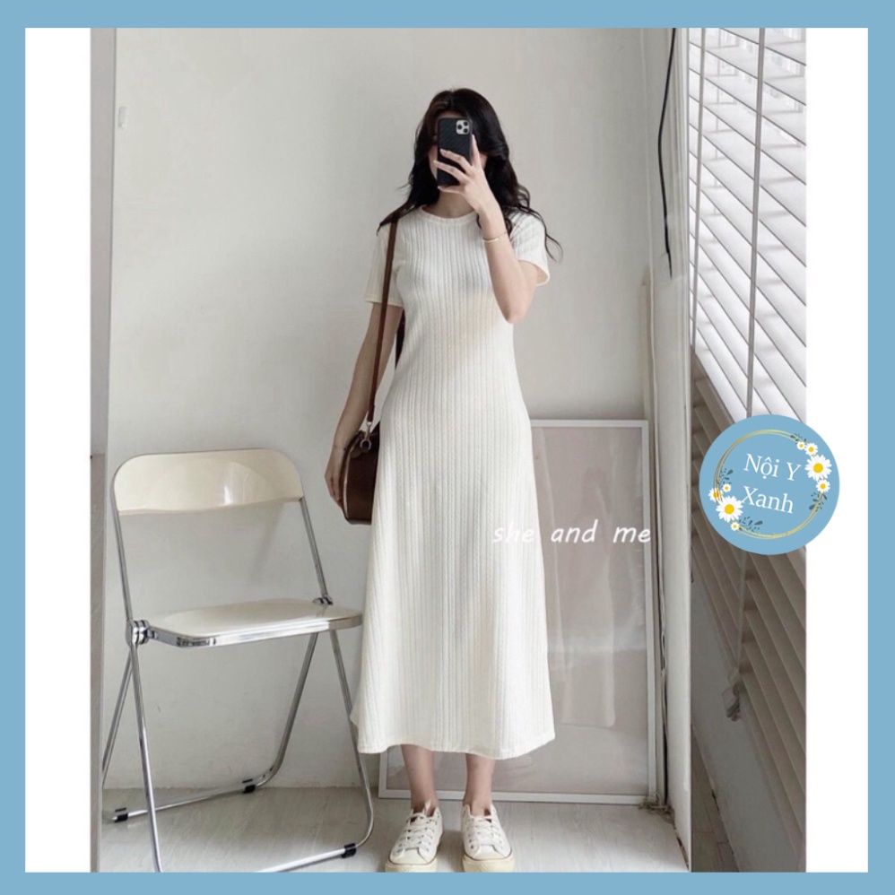 [Ảnh thật] Đầm Midi Xương Cá Co Dãn Bốn Chiều Cổ Tròn Kiểu Dáng Basic nội y xanh -  babdydoll dáng dài