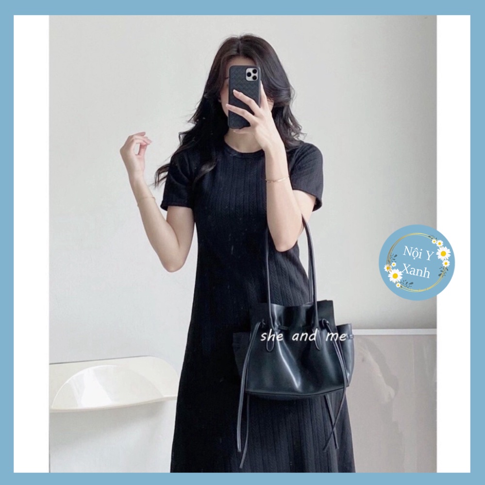 [Ảnh thật] Đầm Midi Xương Cá Co Dãn Bốn Chiều Cổ Tròn Kiểu Dáng Basic nội y xanh -  babdydoll dáng dài