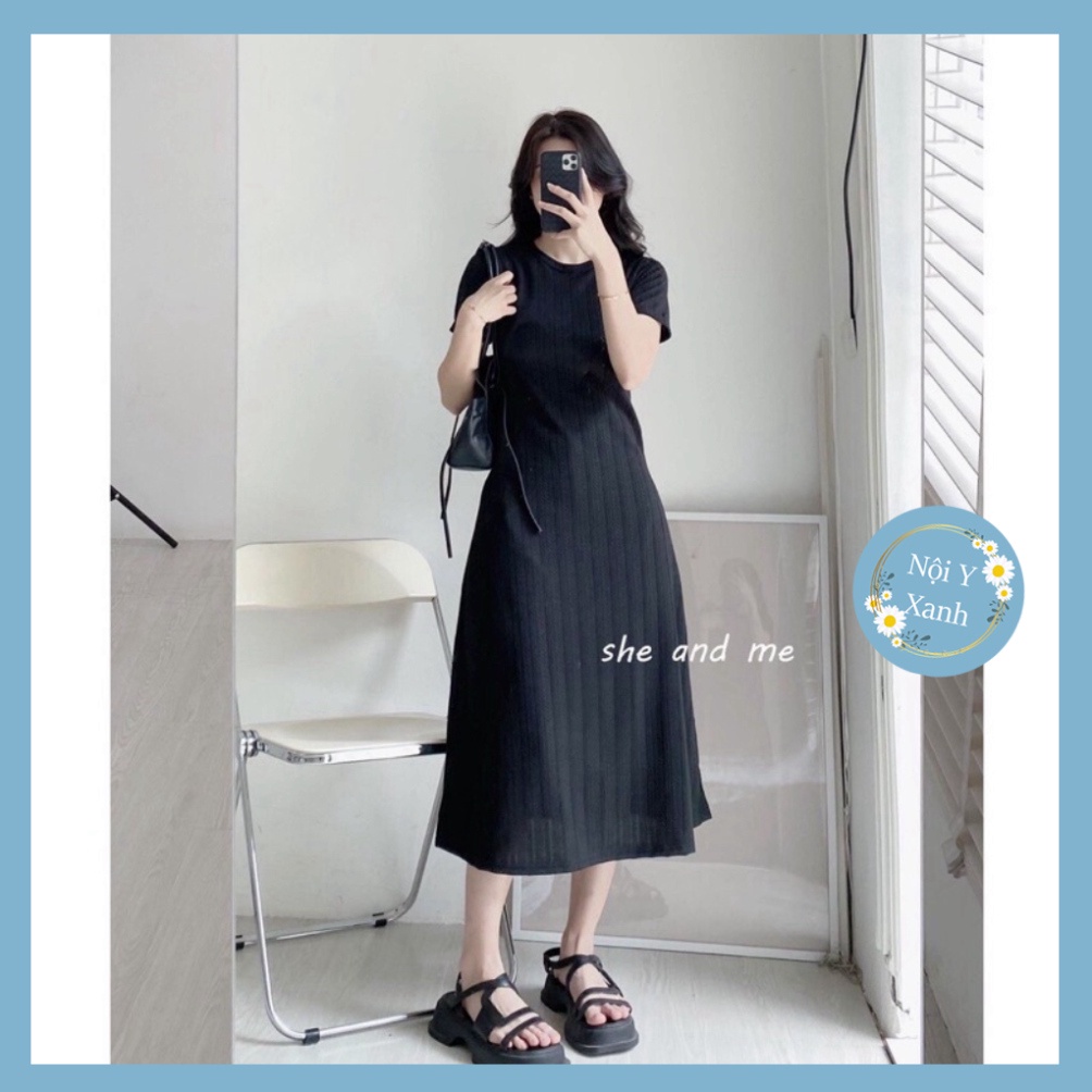 [Ảnh thật] Đầm Midi Xương Cá Co Dãn Bốn Chiều Cổ Tròn Kiểu Dáng Basic nội y xanh -  babdydoll dáng dài