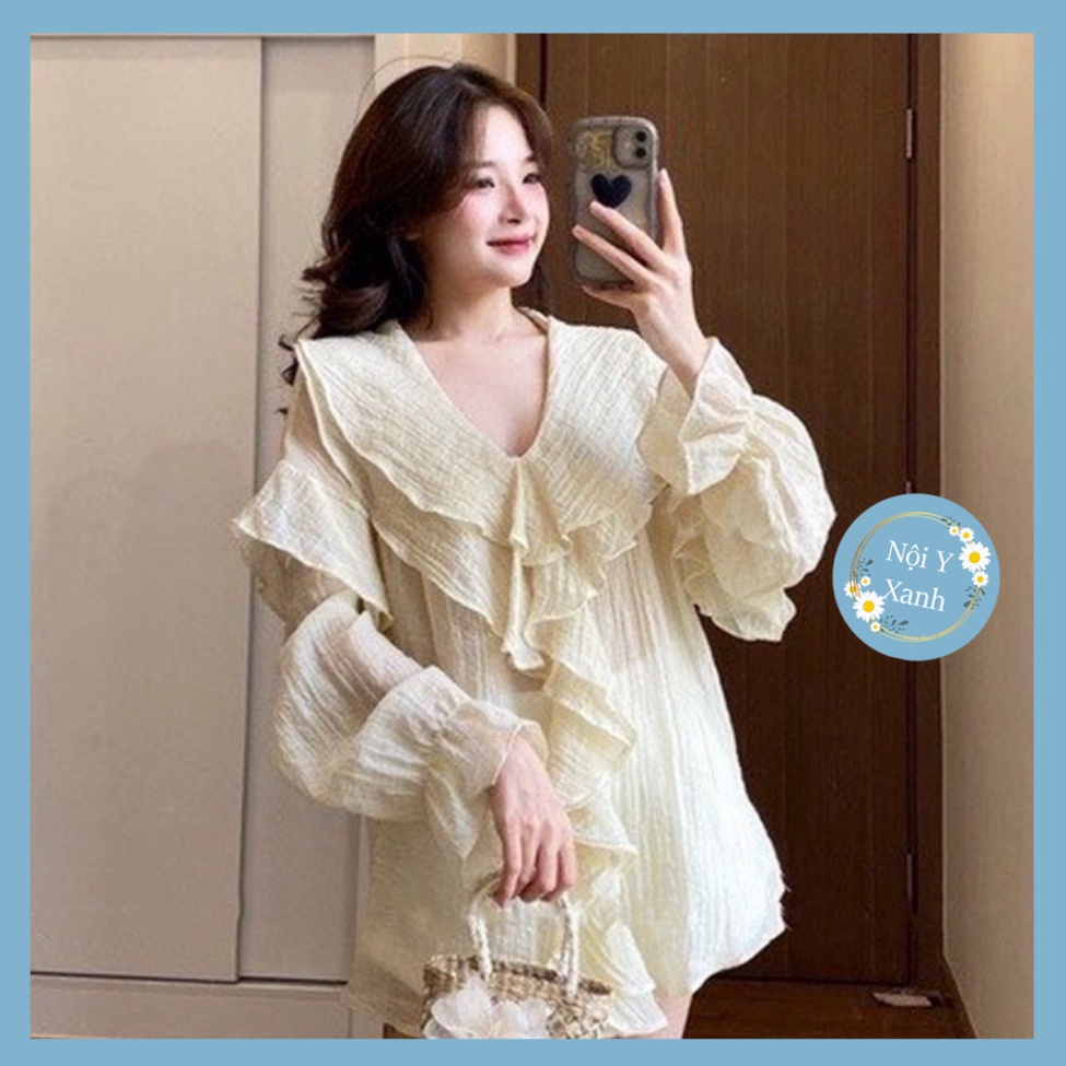 Áo babydoll bèo ngực chất voan tơ tay bồng điệu, Áo kiểu tiểu thư xuyên thấu nhẹ bèo nhún form rộng nội y xanh -  babdyd