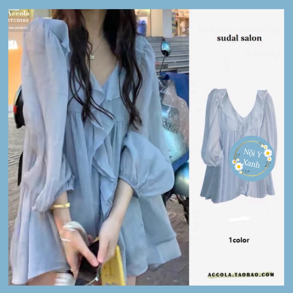 Áo babydoll bèo ngực chất voan tơ tay bồng điệu, Áo kiểu tiểu thư xuyên thấu nhẹ bèo nhún form rộng nội y xanh -  babdyd