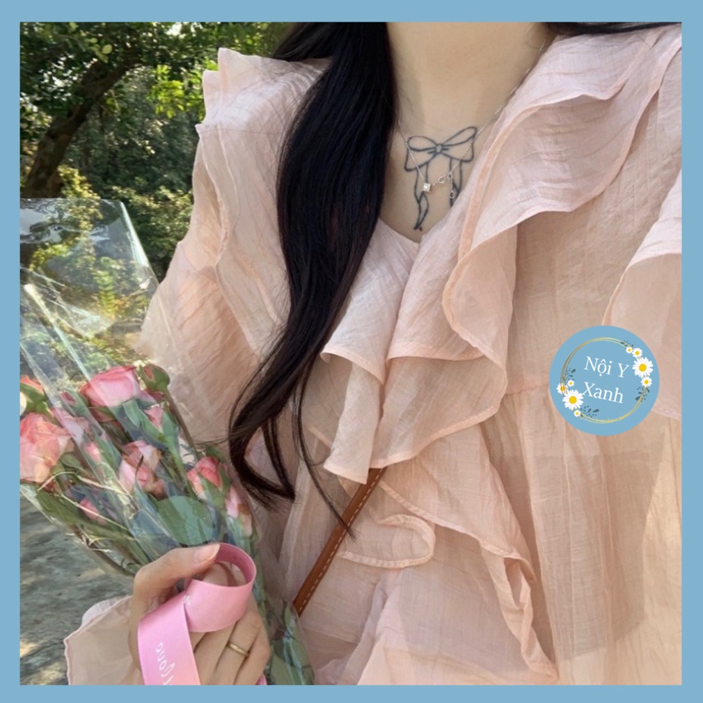 Áo babydoll bèo ngực chất voan tơ tay bồng điệu, Áo kiểu tiểu thư xuyên thấu nhẹ bèo nhún form rộng nội y xanh -  babdyd