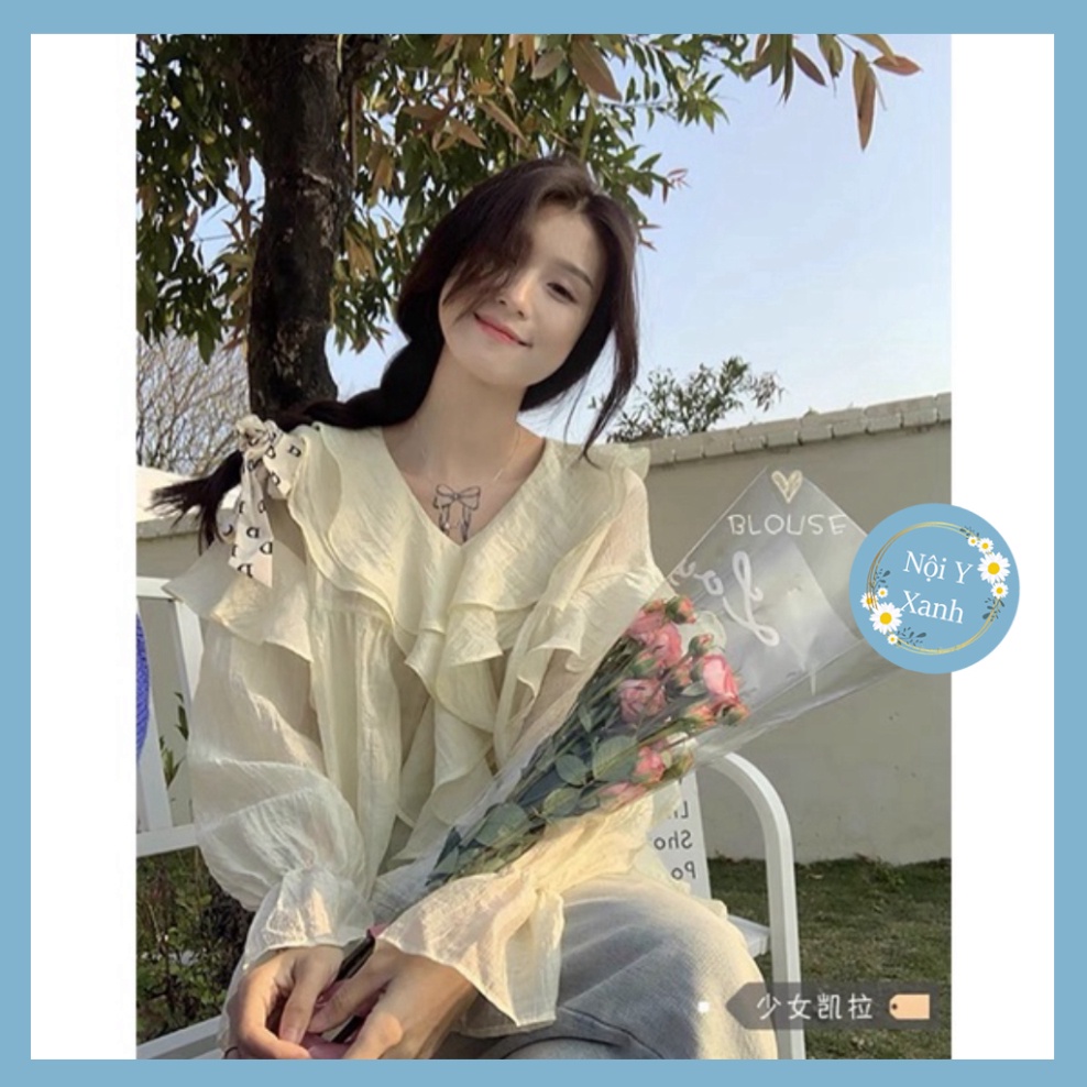 Áo babydoll bèo ngực chất voan tơ tay bồng điệu, Áo kiểu tiểu thư xuyên thấu nhẹ bèo nhún form rộng nội y xanh -  babdyd