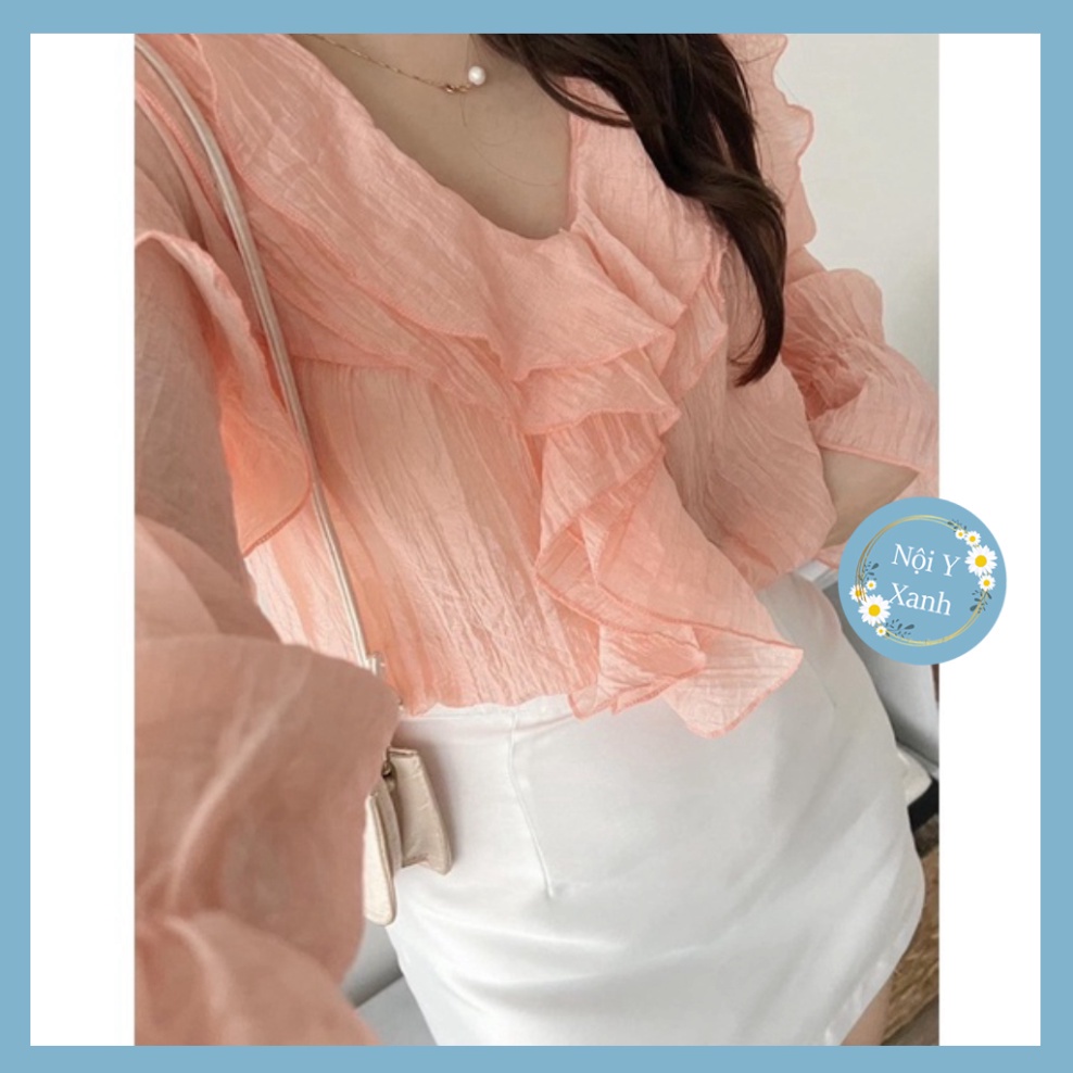 Áo babydoll bèo ngực chất voan tơ tay bồng điệu, Áo kiểu tiểu thư xuyên thấu nhẹ bèo nhún form rộng nội y xanh -  babdyd