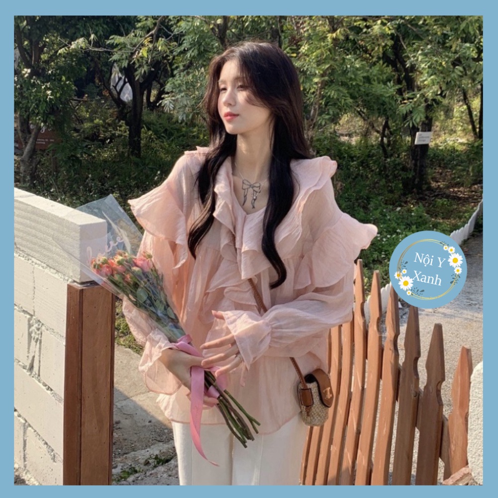 Áo babydoll bèo ngực chất voan tơ tay bồng điệu, Áo kiểu tiểu thư xuyên thấu nhẹ bèo nhún form rộng nội y xanh -  babdyd