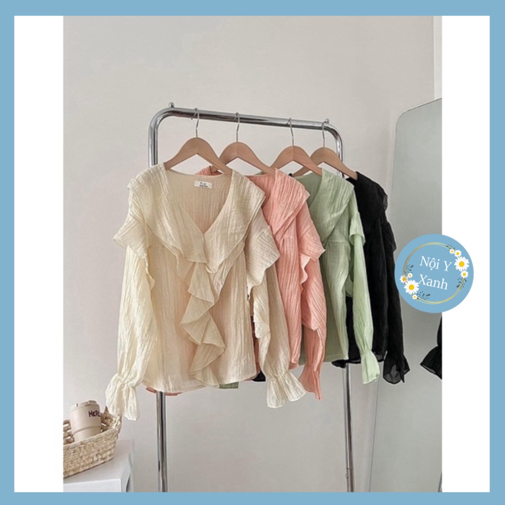 Áo babydoll bèo ngực chất voan tơ tay bồng điệu, Áo kiểu tiểu thư xuyên thấu nhẹ bèo nhún form rộng nội y xanh -  babdyd