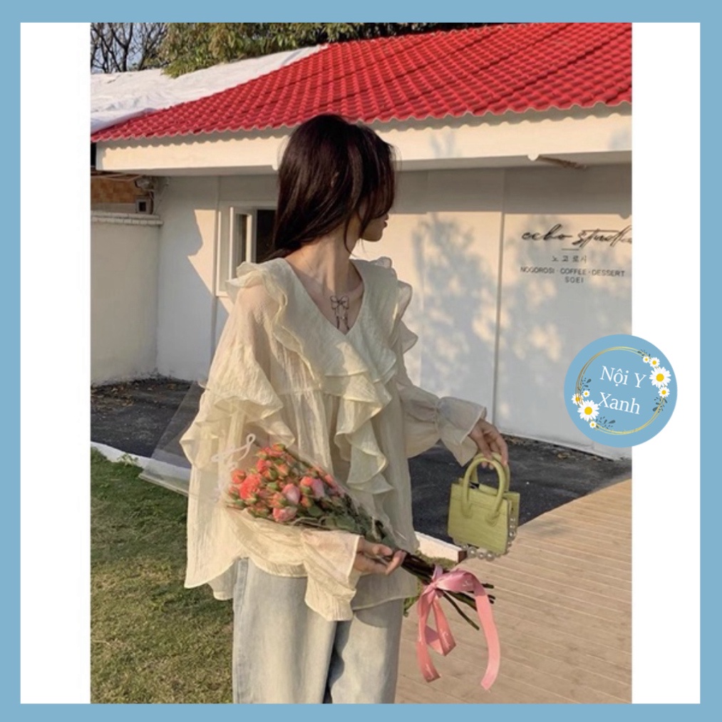 Áo babydoll bèo ngực chất voan tơ tay bồng điệu, Áo kiểu tiểu thư xuyên thấu nhẹ bèo nhún form rộng nội y xanh -  babdyd