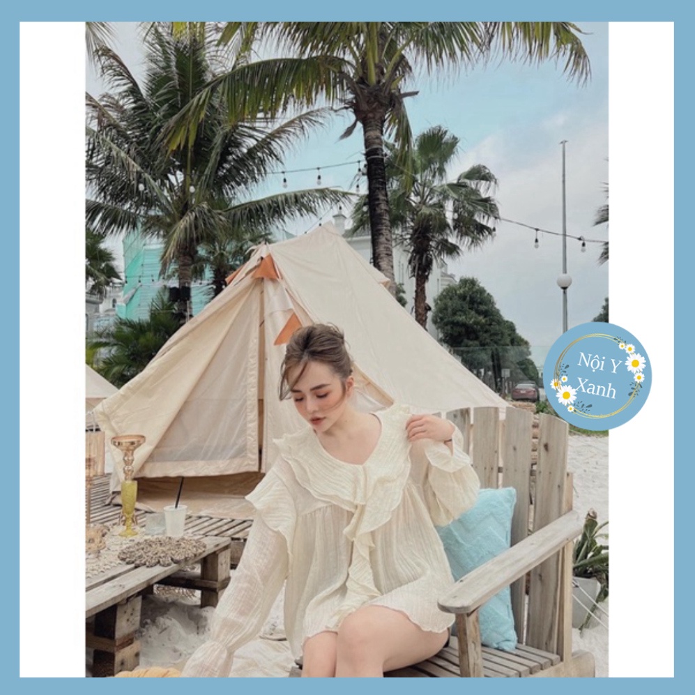 Áo babydoll bèo ngực chất voan tơ tay bồng điệu, Áo kiểu tiểu thư xuyên thấu nhẹ bèo nhún form rộng nội y xanh -  babdyd