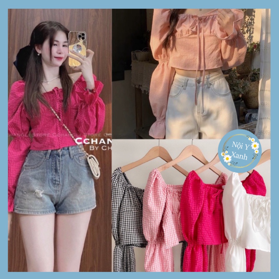 Áo croptop kẻ caro dài tay chun bồng 2003 nội y xanh -  babdydoll dáng dài