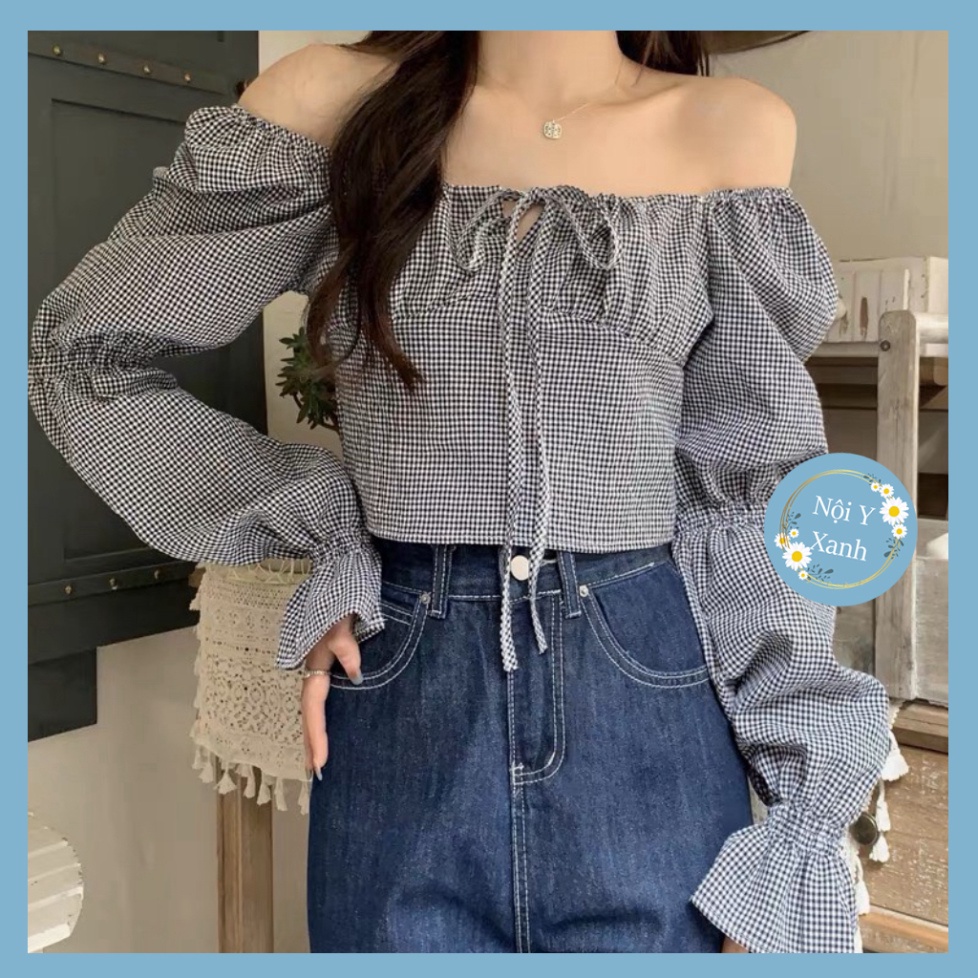 Áo croptop kẻ caro dài tay chun bồng 2003 nội y xanh -  babdydoll dáng dài