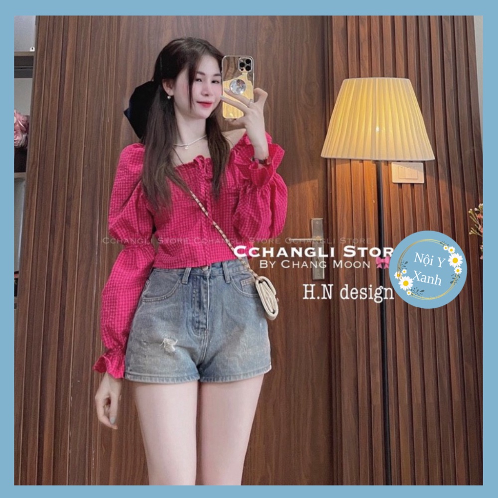 Áo croptop kẻ caro dài tay chun bồng 2003 nội y xanh -  babdydoll dáng dài