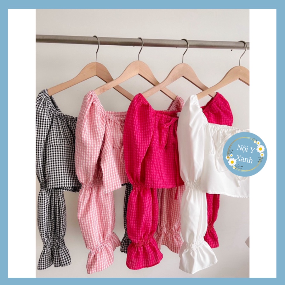 Áo croptop kẻ caro dài tay chun bồng 2003 nội y xanh -  babdydoll dáng dài