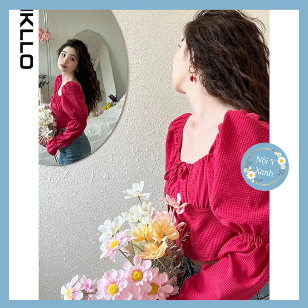 Áo croptop kẻ caro dài tay chun bồng 2003 nội y xanh -  babdydoll dáng dài