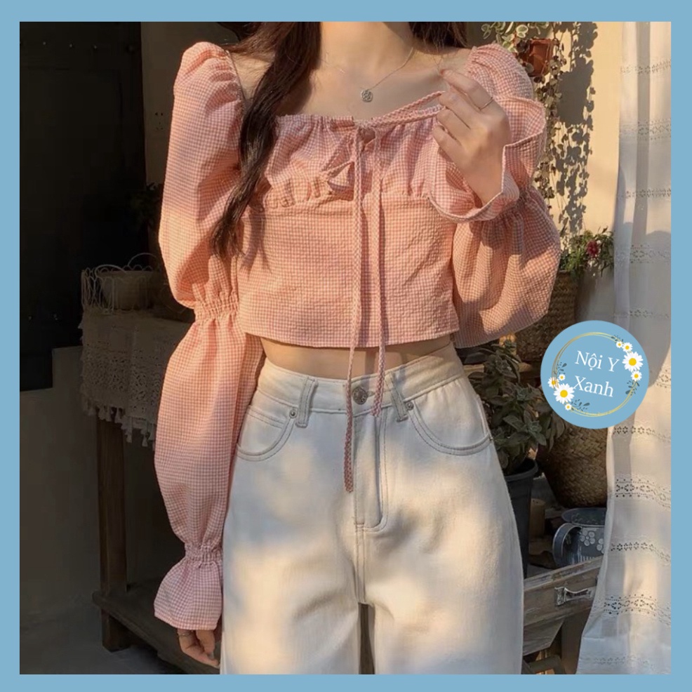 Áo croptop kẻ caro dài tay chun bồng 2003 nội y xanh -  babdydoll dáng dài