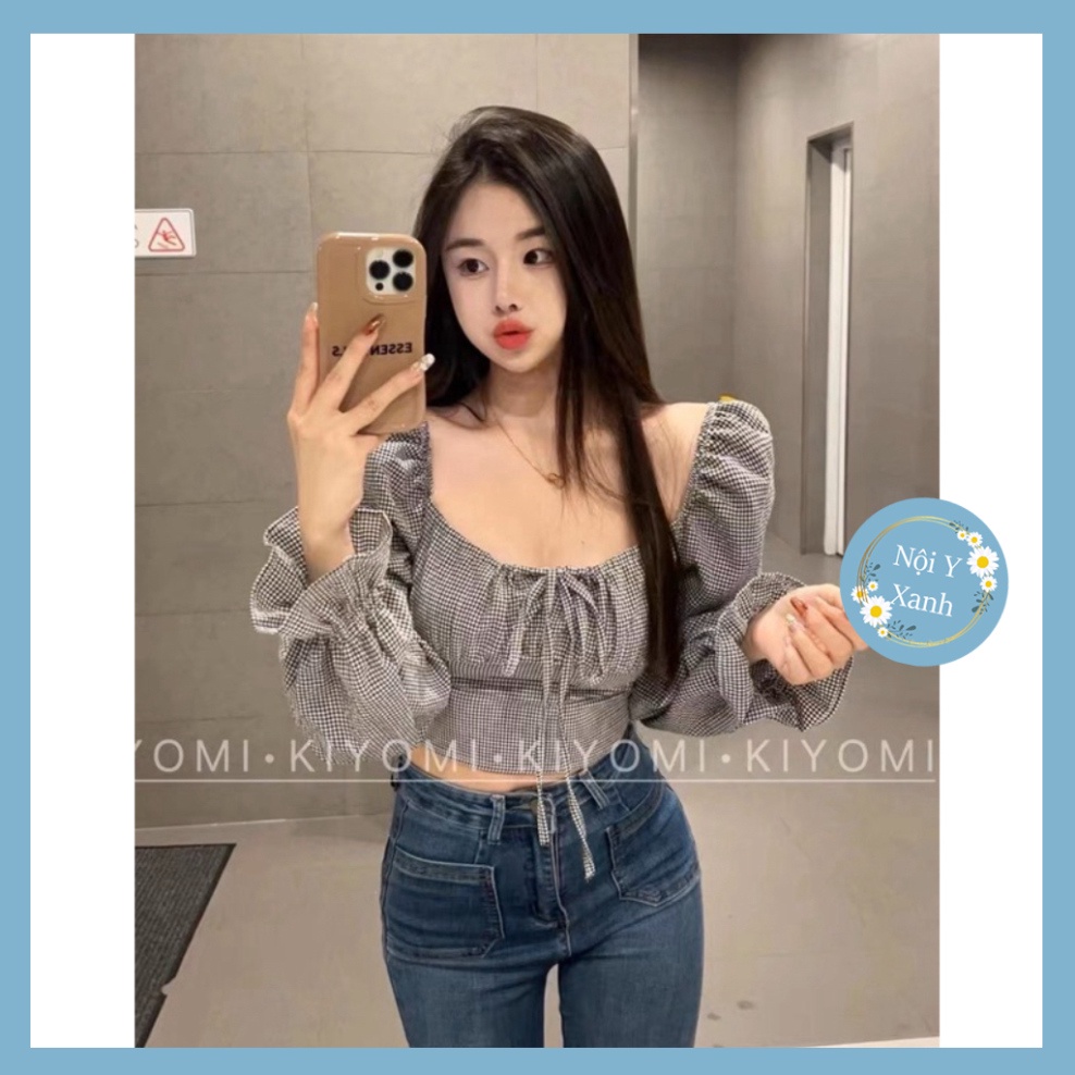 Áo croptop kẻ caro dài tay chun bồng 2003 nội y xanh -  babdydoll dáng dài