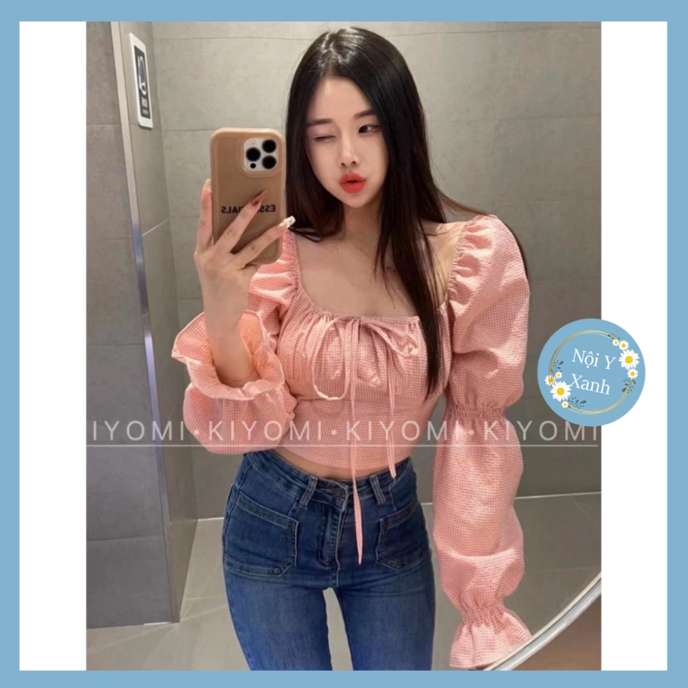 Áo croptop kẻ caro dài tay chun bồng 2003 nội y xanh -  babdydoll dáng dài