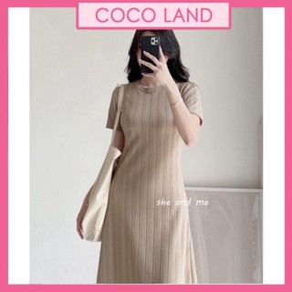 Váy dài tay cộc Midi Xương Cá Co Dãn Bốn Chiều Cổ Tròn Kiểu Dáng Basic coco land babydoll ulzzang dáng dài croptop