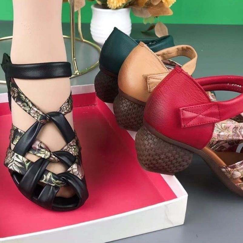 Giày Cao Gót Sandal Da Mềm Phong Cách Dân Tộc Retro Thời Trang Mùa Hè Dành Cho Nữ