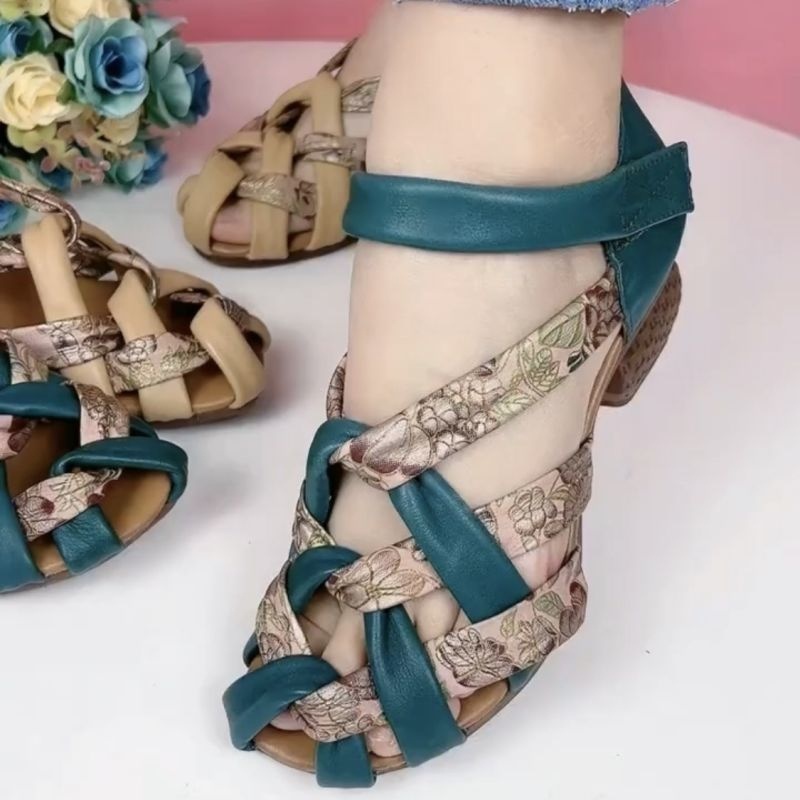 Giày Cao Gót Sandal Da Mềm Phong Cách Dân Tộc Retro Thời Trang Mùa Hè Dành Cho Nữ