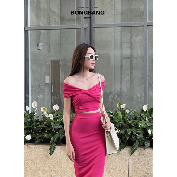 SET THUN ÁO TRỄ VAI XOẮN NGỰC CROPTOP MIX CHÂN VÁY DÀI ĐI TIỆC SIÊU XINH