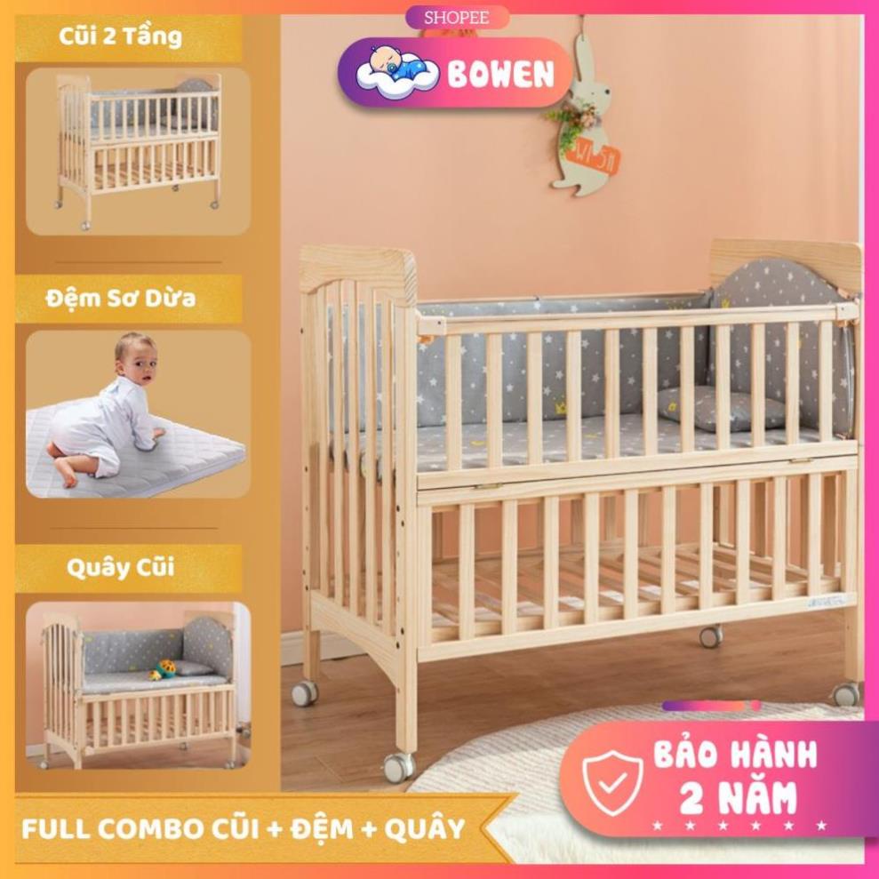 Cũi Gỗ Cho Bé Trọn Bộ (Cũi, Quây, Đệm Và Màn), Nôi Cũi Trẻ Em 2 Tầng Gỗ Thông Kích Thước 105x60x85cm