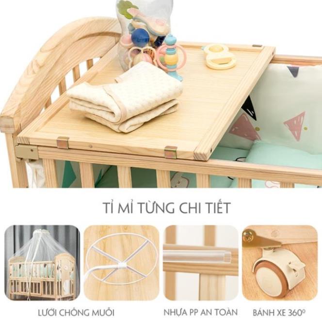 Cũi Gỗ Cho Bé Kéo Dài , Cũi 6in1 Cho Bé Gỗ Thông 6 Chức Năng Kích Thước 120x70x90cm