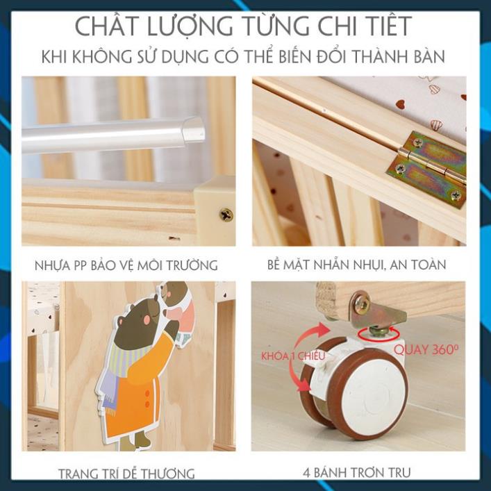 Cũi Gỗ Cho Bé Kéo Dài , Cũi 6in1 Cho Bé Gỗ Thông 6 Chức Năng Kích Thước 120x70x90cm