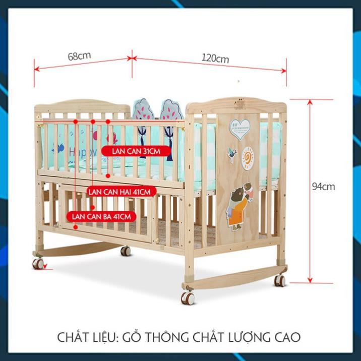 Cũi Gỗ Cho Bé Kéo Dài , Cũi 6in1 Cho Bé Gỗ Thông 6 Chức Năng Kích Thước 120x70x90cm