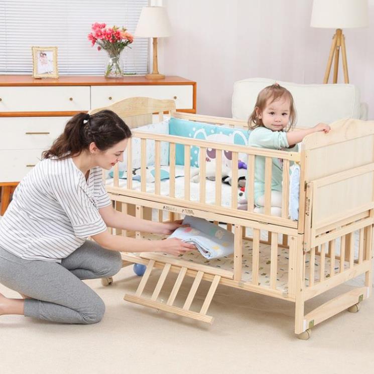 Cũi Gỗ Cho Bé Kéo Dài , Cũi 6in1 Cho Bé Gỗ Thông 6 Chức Năng Kích Thước 120x70x90cm