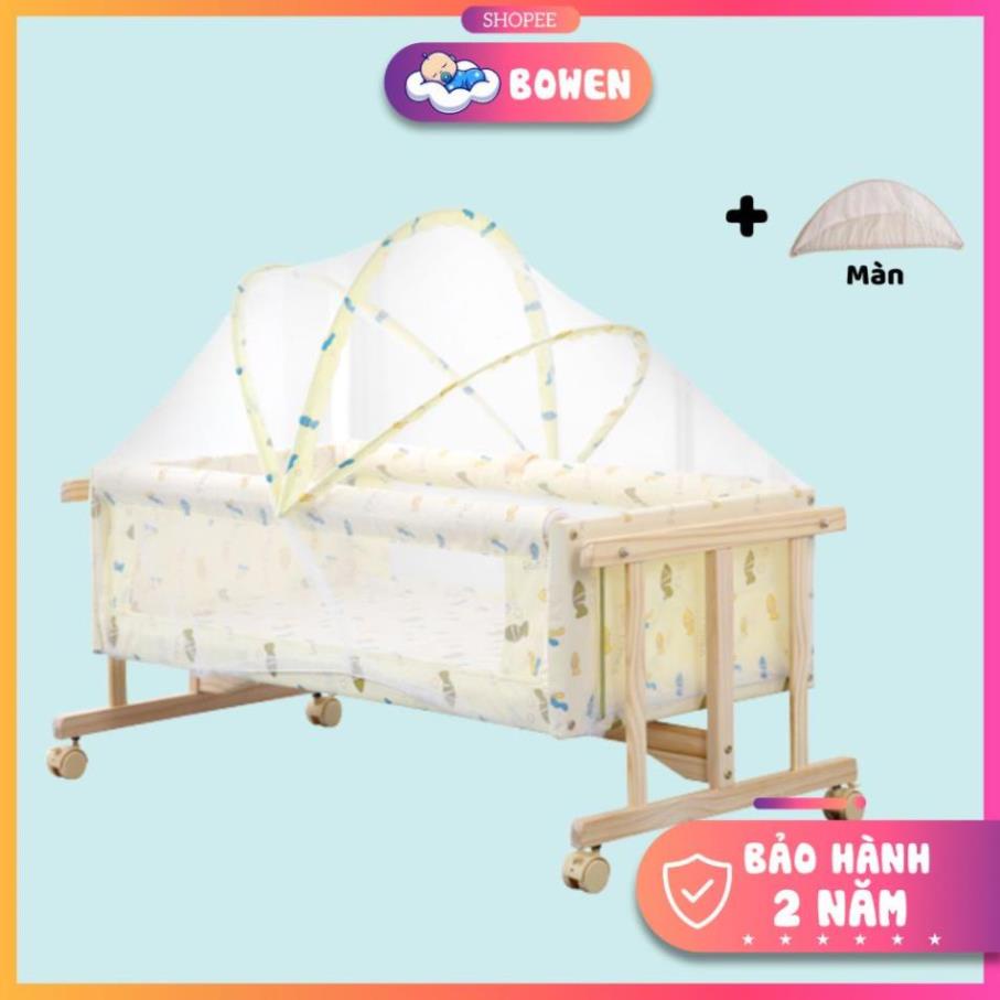 Nôi Gỗ Cho Bé, Nôi Ngủ Cho Bé Gỗ Thông Kèm Màn Chụp Cho Trẻ Sơ Sinh Size 90x50x40