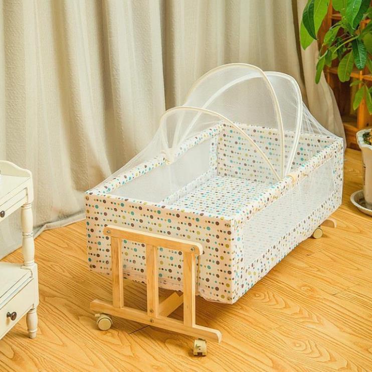 Nôi Gỗ Cho Bé, Nôi Ngủ Cho Bé Gỗ Thông Kèm Màn Chụp Cho Trẻ Sơ Sinh Size 90x50x40