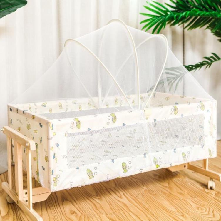 Nôi Gỗ Cho Bé , Nôi Đưa Gỗ Thông Kèm Màn Chống Muỗi Kích Thước 90x50x40cm