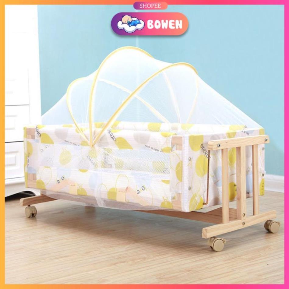 Nôi Gỗ Cho Bé , Nôi Đưa Gỗ Thông Kèm Màn Chống Muỗi Kích Thước 90x50x40cm (BH 12 tháng)