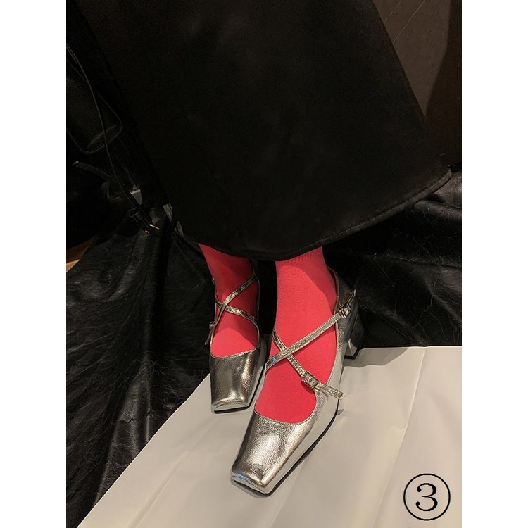 Giày Cao Gót Mũi Vuông Chất Liệu Da Bóng Phong Cách Retro Pháp 2023 Cho Nữ