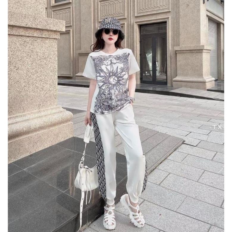 Set đồ nữ đi chơi thun lạnh quần dài form rộng dáng thể thao bigsize mùa hè họa tiết sang trọng màu trắng