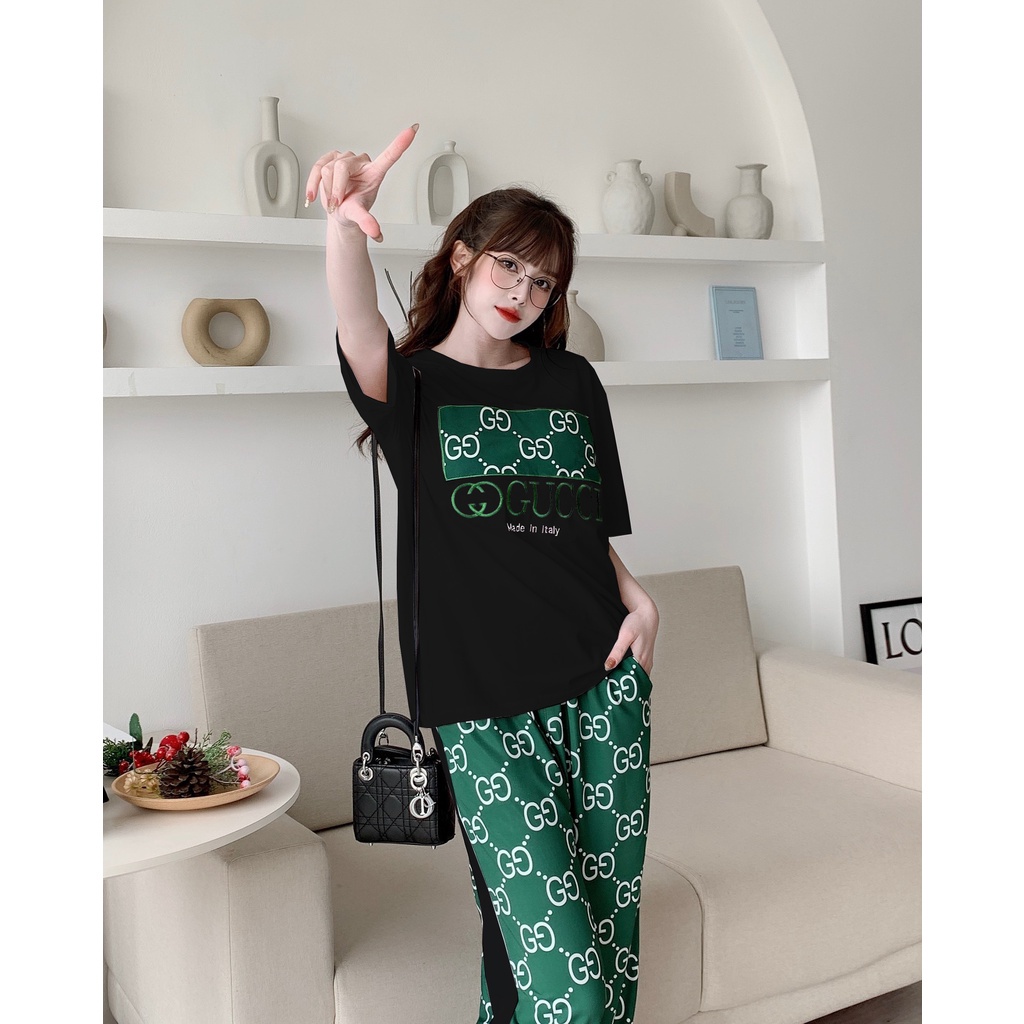 Đồ bộ thể thao nữ dài , Set đồ nữ đi chơi thun form rộng áo thêu họa tiết quần thun lạnh in 3D màu xanh bigsize.