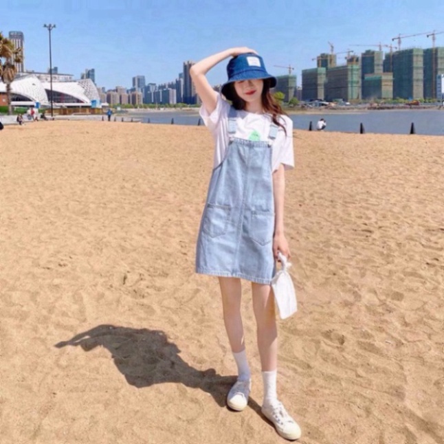 Váy Yếm Jean Hai Dây nữ dáng rộng Jeans Yếm Hai Túi Trước