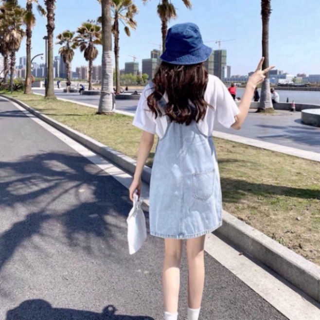 Váy Yếm Jean Hai Dây nữ dáng rộng Jeans Yếm Hai Túi Trước