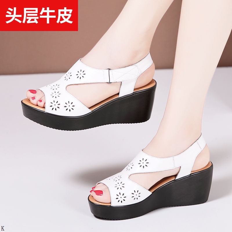Giày Sandal Da Mềm Đế Xuồng Dày Hở Mũi Phong Cách Thời Trang Mùa Hè 2023
