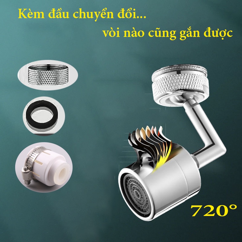 Đầu nối inox xoay 720 độ, gắn vòi rửa bát, vòi lavabo tạo bọt có lọc (kèm đầu nối đa năng)