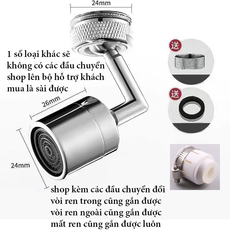 Đầu nối inox xoay 720 độ, gắn vòi rửa bát, vòi lavabo tạo bọt có lọc (kèm đầu nối đa năng)