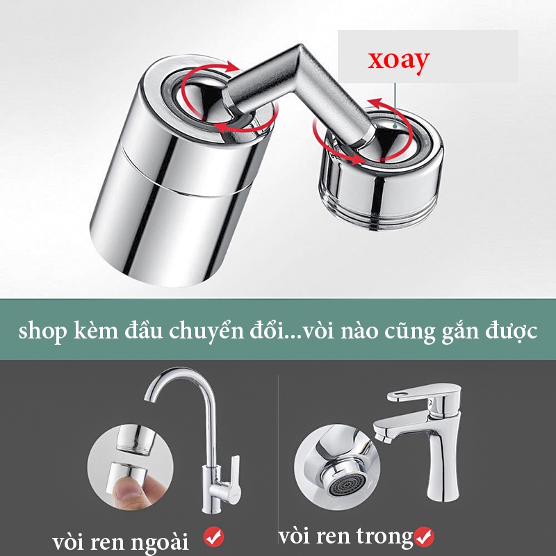 Đầu nối inox xoay 720 độ, gắn vòi rửa bát, vòi lavabo tạo bọt có lọc (kèm đầu nối đa năng)