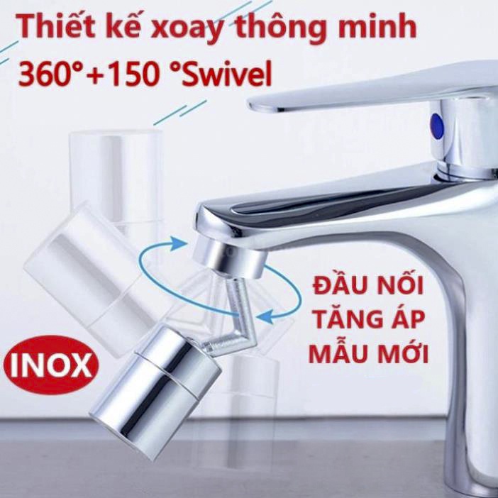 Đầu nối inox xoay 720 độ, gắn vòi rửa bát, vòi lavabo tạo bọt có lọc (kèm đầu nối đa năng)