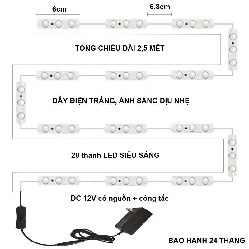Bộ Đèn Led Gắn Gương Bàn Trang Điểm, Đèn Dán Trang Trí Gương Siêu Sáng Dài 2,6m