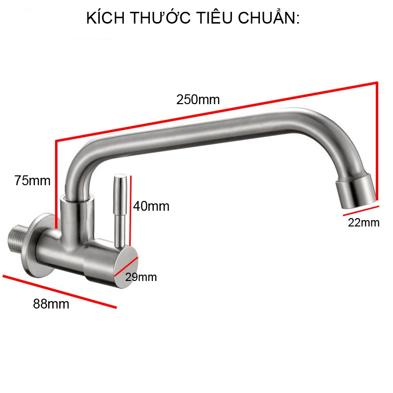 Vòi rửa gắn tường xả lạnh inox 304 xoay 360 Vòi cong Ngang (loại dầy nặng 300g)