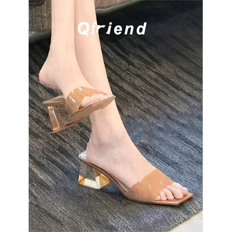 Dép Cao Gót Pha Lê Trong Suốt Mũi Vuông Thời Trang Mùa Hè 2023 Cho Nữ
